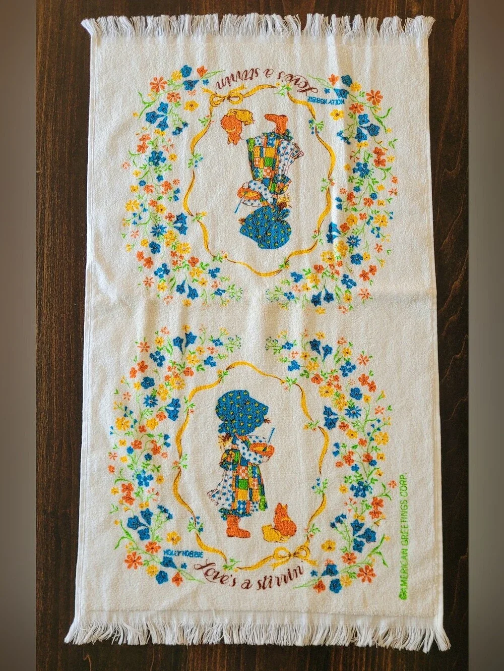 Vtg 70s Holly Hobbie Loves A Stirrin Kitchen Linen Set Towel Washcloth Mitt NWOT